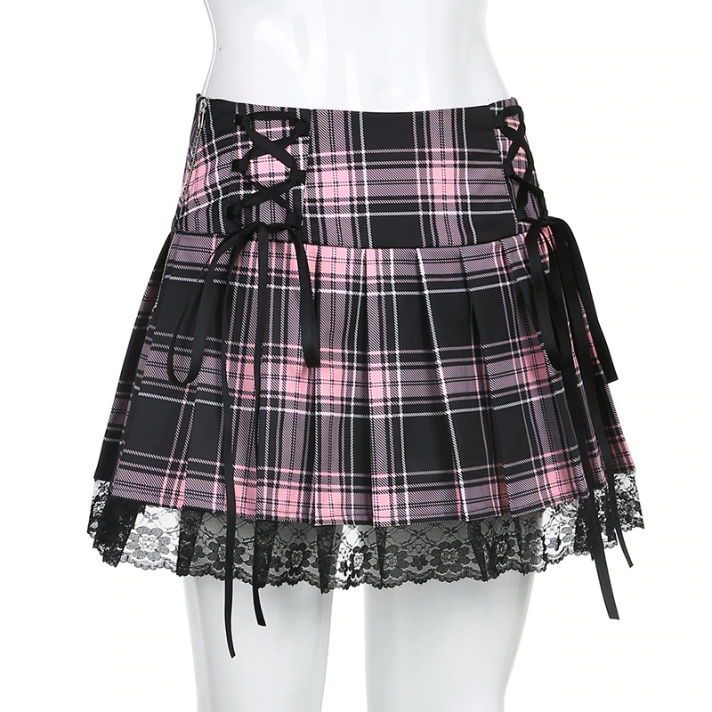 Gothic checkered mini skirt with pink plaid pattern and lace trim, featuring side ties for an edgy fashion statement.