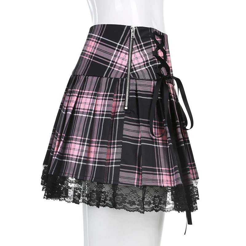 Gothic checkered mini skirt with pink plaid design and lace trim, featuring side ties for a stylish punk look.