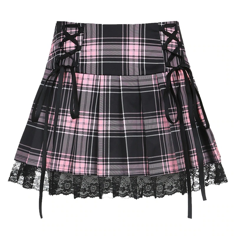 Gothic checkered mini skirt with pink plaid print and lace detailing, featuring side ties for a trendy punk aesthetic.