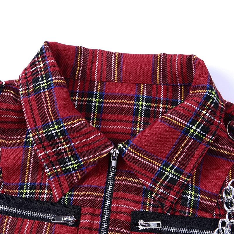 Gothic Red Women Top Blouses / Slim Zipper Tops with Chain / Female Goth Plaid Clothing - HARD'N'HEAVY