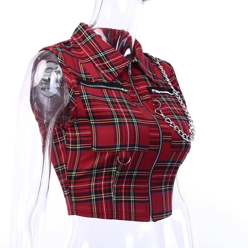 Gothic Red Women Top Blouses / Slim Zipper Tops with Chain / Female Goth Plaid Clothing - HARD'N'HEAVY