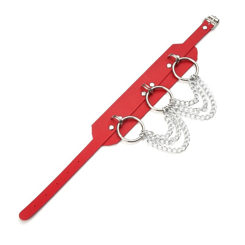 Gothic red choker with O-rings and silver chains, adding edgy flair to any bondage-inspired outfit.