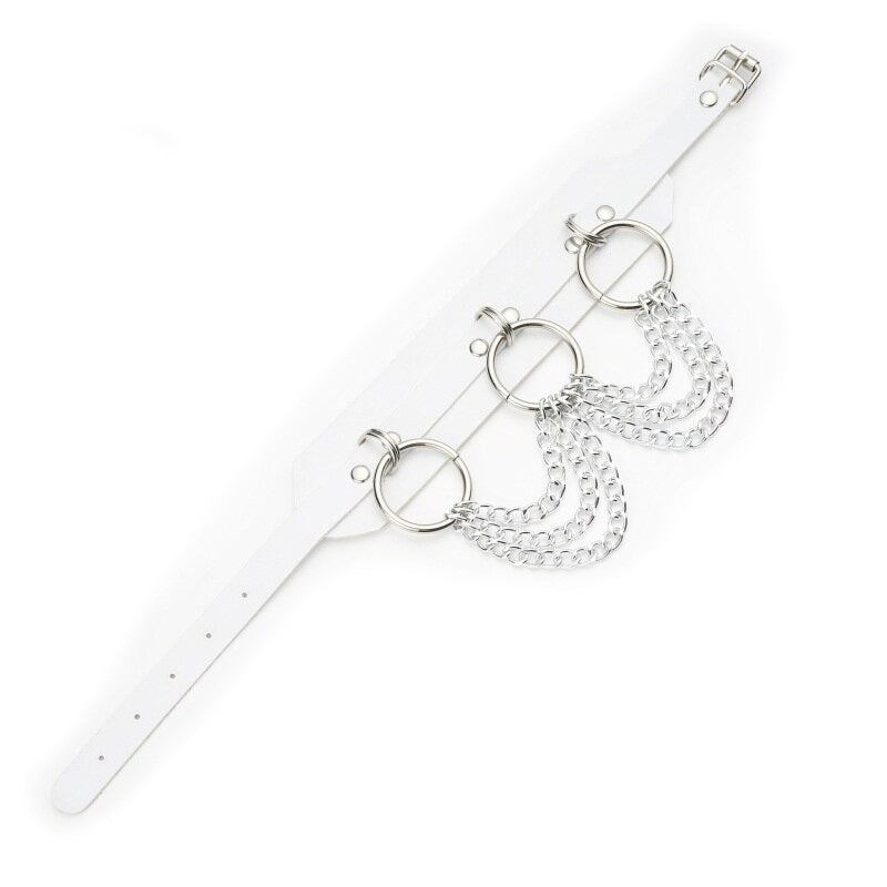 Gothic choker with three silver chains and O-rings, stylish bondage neckwear in white.