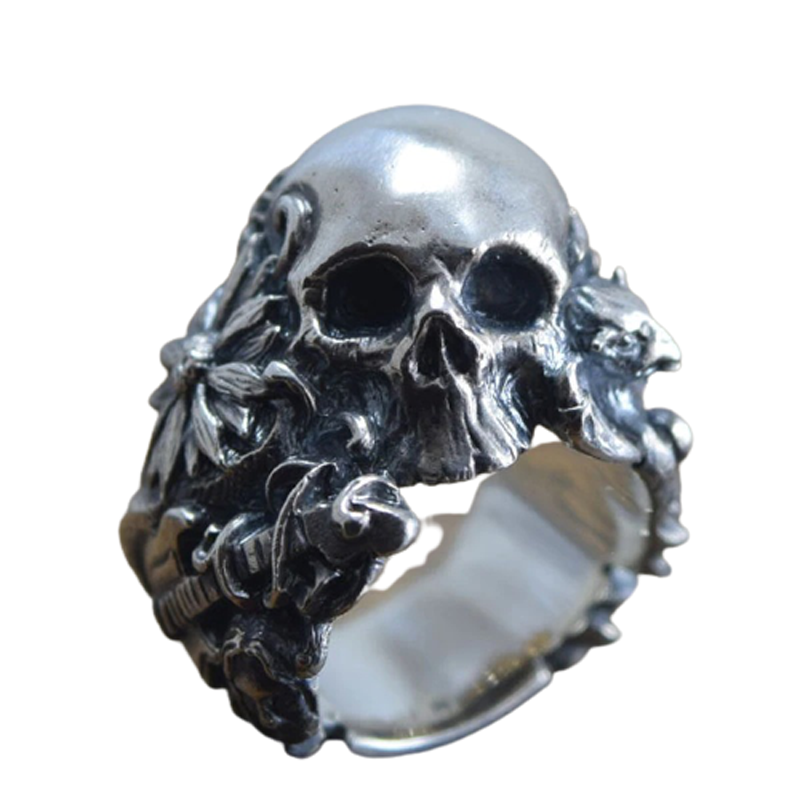 Gothic stainless steel ring featuring a detailed skull and flower design, perfect for adding a dramatic flair to your outfit.