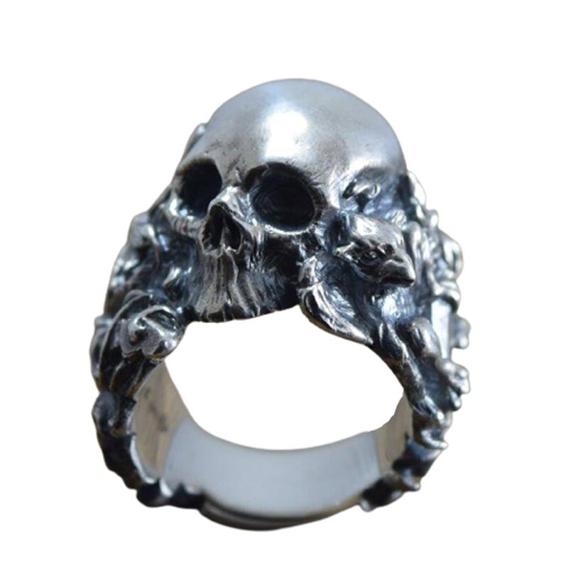 Gothic stainless steel ring featuring detailed skull design and floral accents, perfect for gothic jewelry collections.