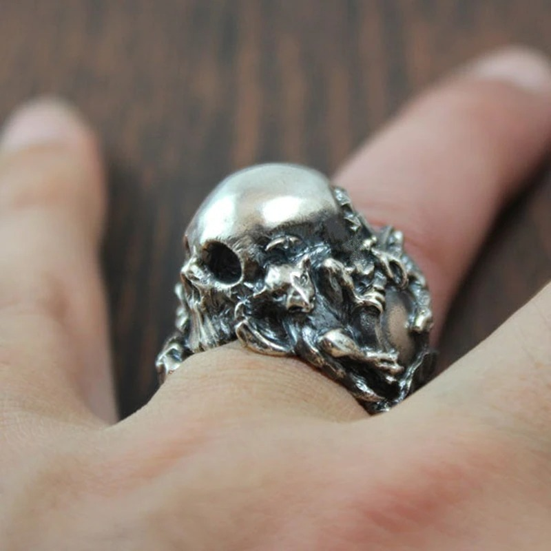 Gothic skeleton ring with intricate details made of stainless steel, perfect for a bold goth jewelry style.