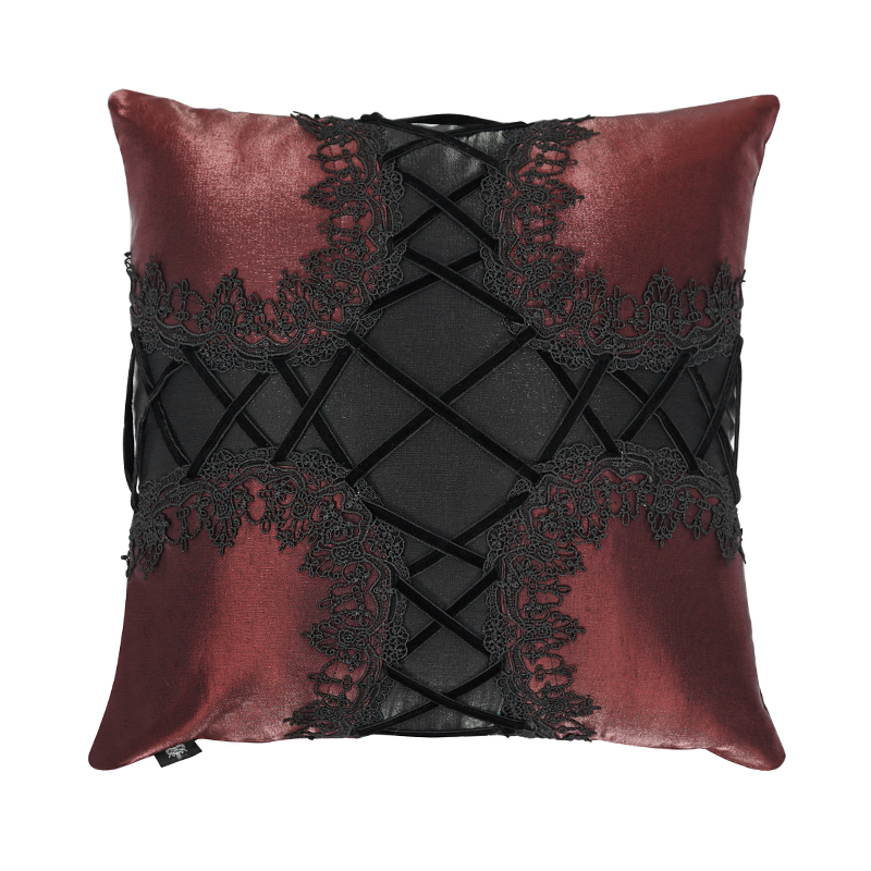 Gothic Cross-shaped Wine Red Pillow With Lace / Comfortable Pillow with Decorative Lacing - HARD'N'HEAVY