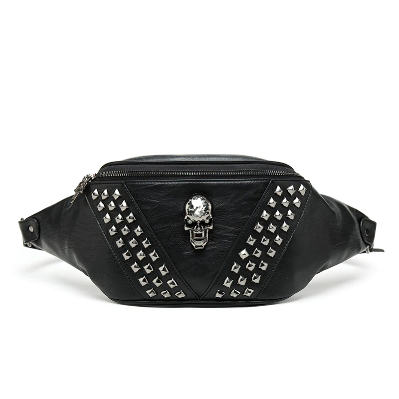 Trendy black unisex crossbody bag with rivets and skull head detail for alternative fashion enthusiasts.