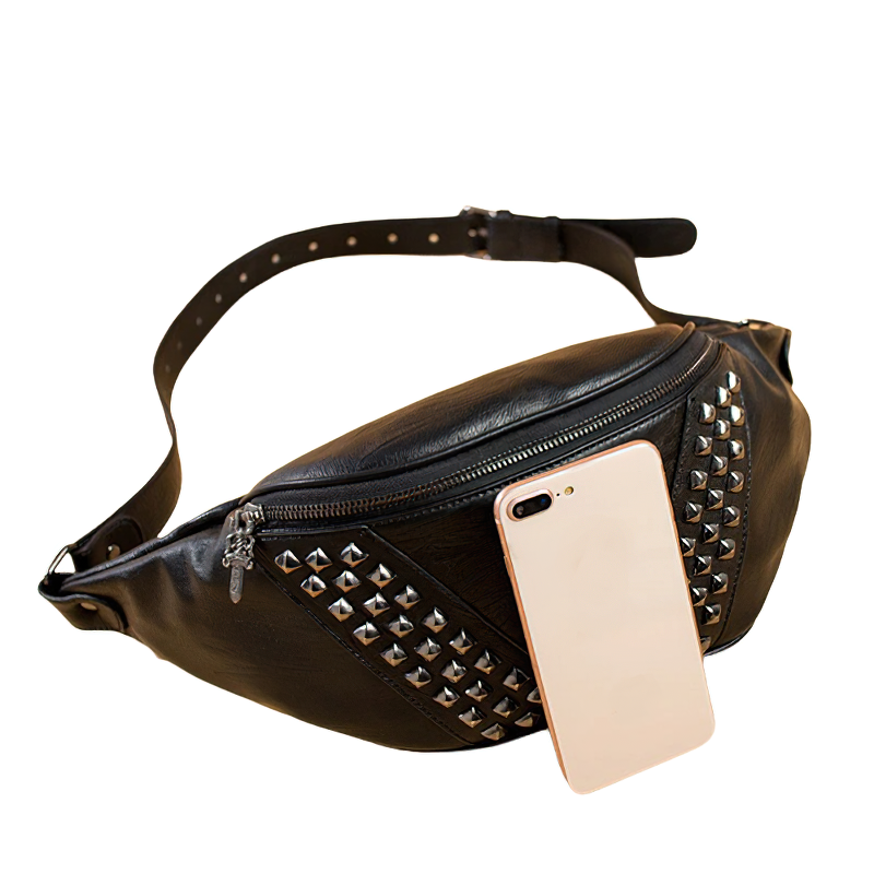 Trendy black unisex crossbody bag with rivets and a skull head, perfect for alternative fashion lovers.