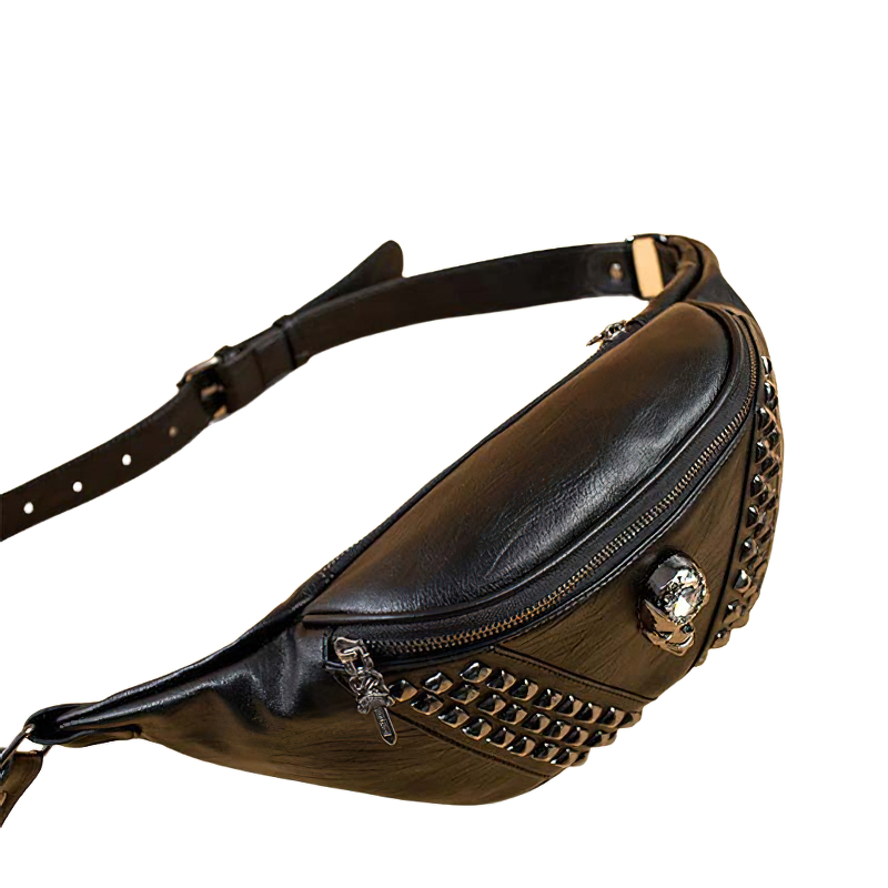 Stylish black Gothic crossbody bag with rivets and skull head for alternative fashion lovers. Unisex accessory.