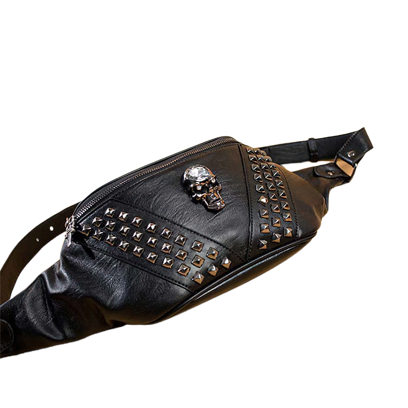Gothic crossbody bag in black PU leather with rivets and skull head, perfect for alternative fashion lovers.