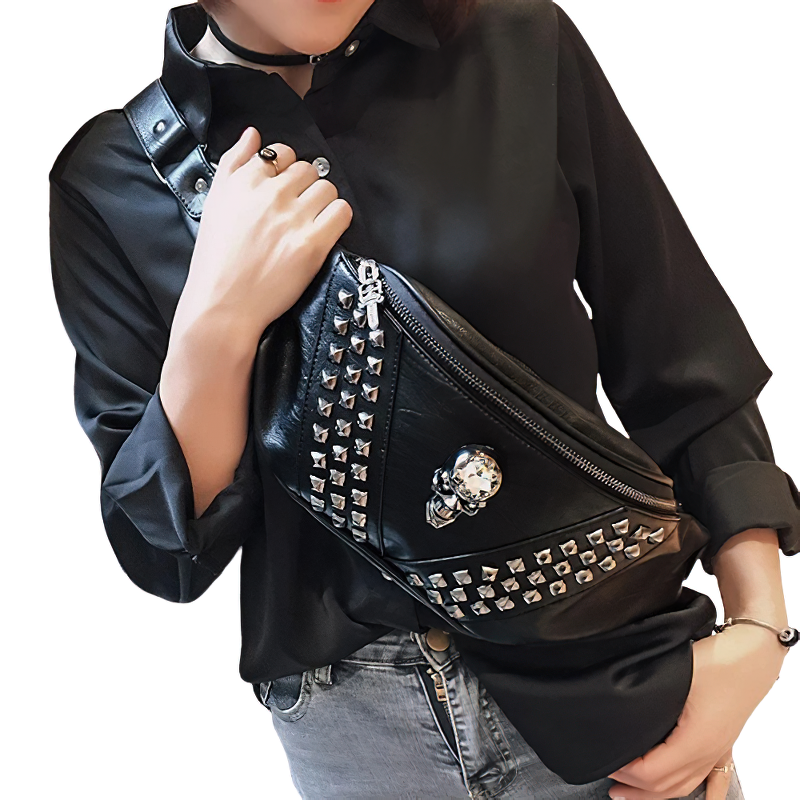 Trendy unisex gothic crossbody bag with rivets and skull head, perfect for alternative fashion lovers.