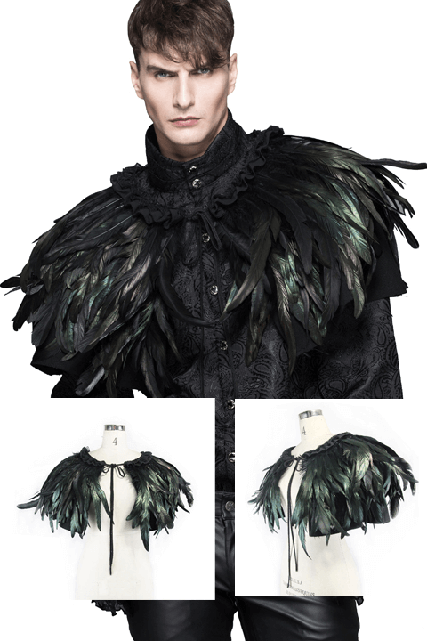 Gothic crow feather shoulder accessory worn by a model, showcasing its unique steampunk style and elegant design.