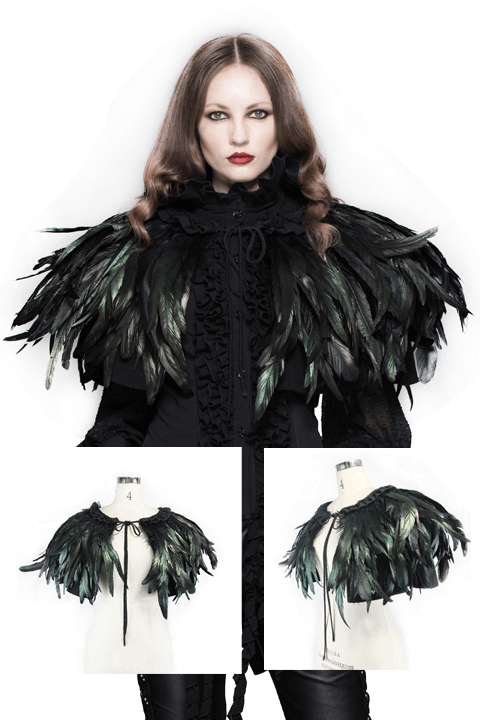 Gothic crow feather shoulder accessory worn by model, showcasing steampunk design, perfect for unique outfits.