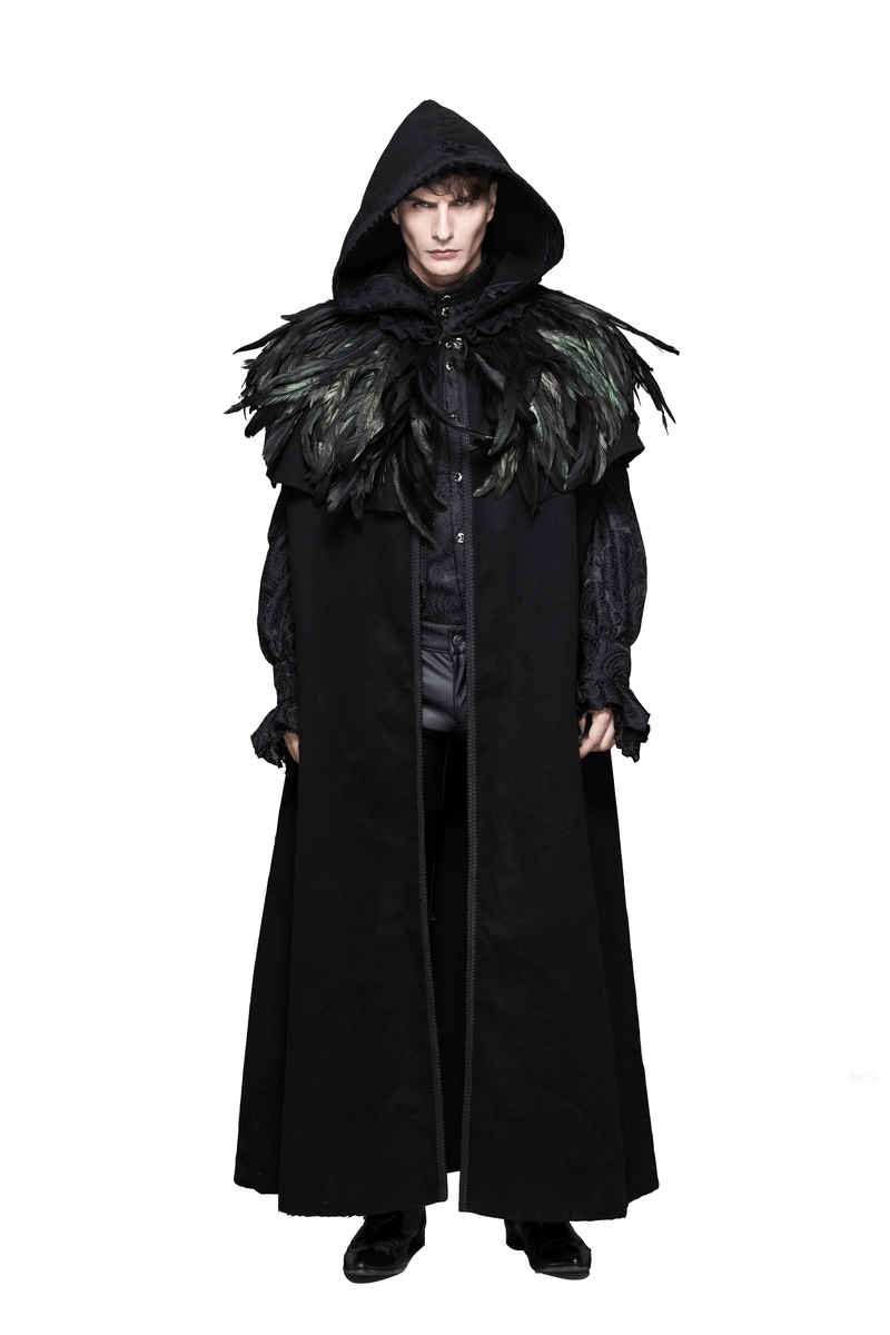 Unisex Gothic crow feather shoulder accessory cape in stylish steampunk fashion, worn by a model.