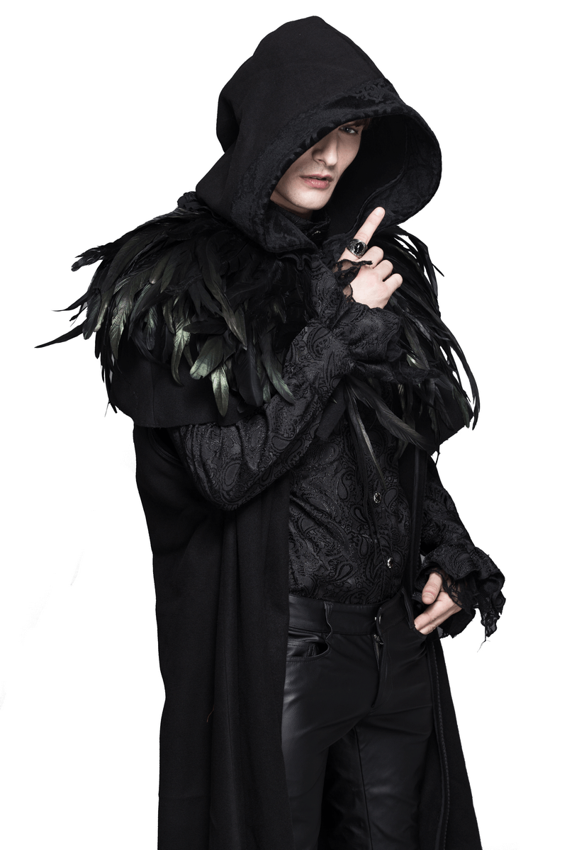 Gothic crow feather shoulder accessory modeled in a stylish unisex steampunk cloak with a hood.
