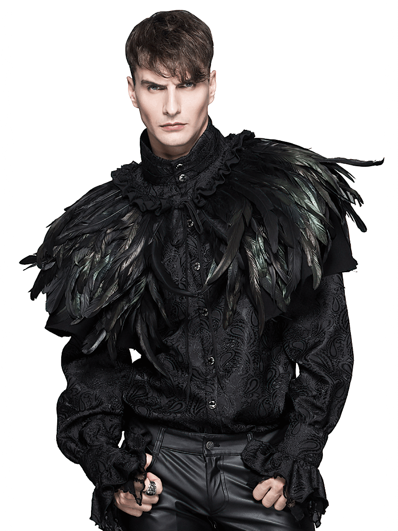 Stylish model showcasing a unisex gothic crow feather shoulder accessory in steampunk style.