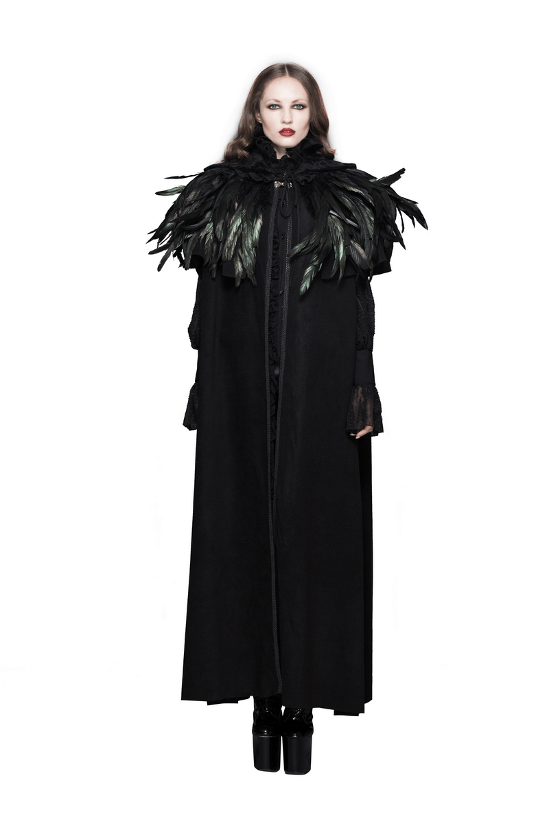 Unisex steampunk shoulder cape with crow feathers, showcased by a stylish model in a black cloak.