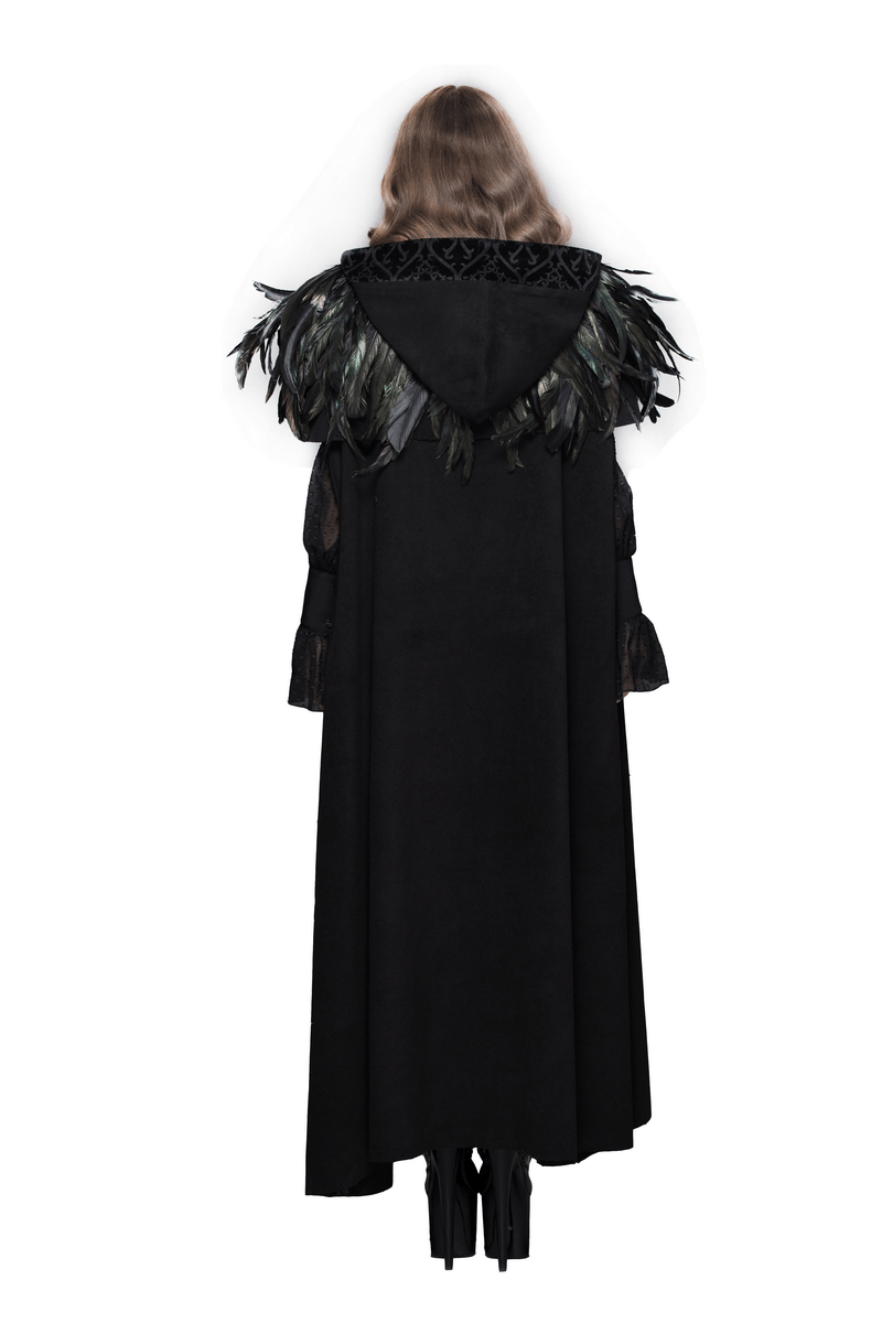Gothic crow feather shoulder accessory on a stylish model wearing a black unisex steampunk drawstring cape.