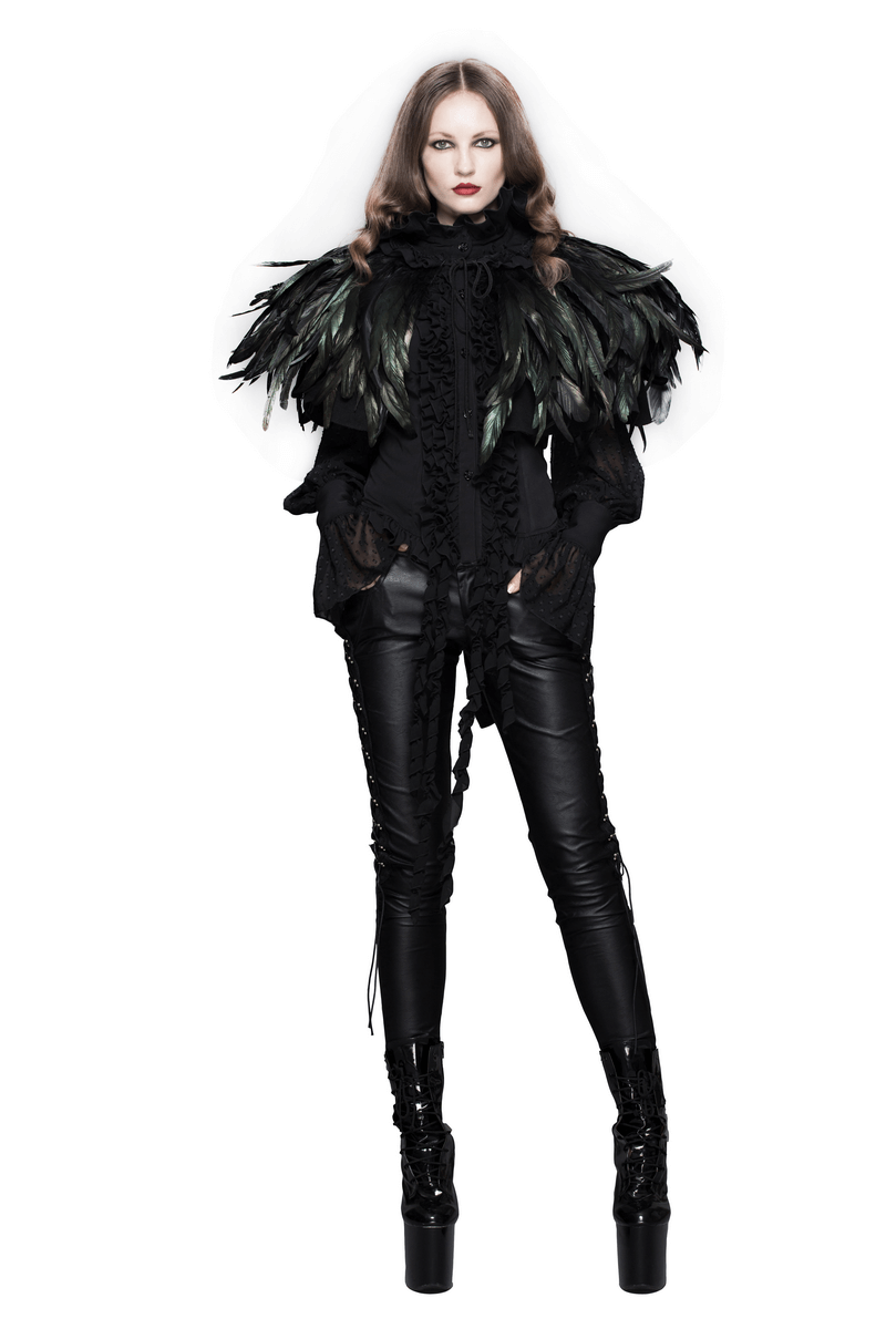 Unisex Gothic crow feather shoulder accessory modeled with a stylish black steampunk cloak and sleek tall boots.