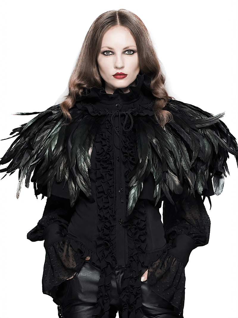Model wearing a Gothic crow feather shoulder accessory in a stylish unisex steampunk cape.