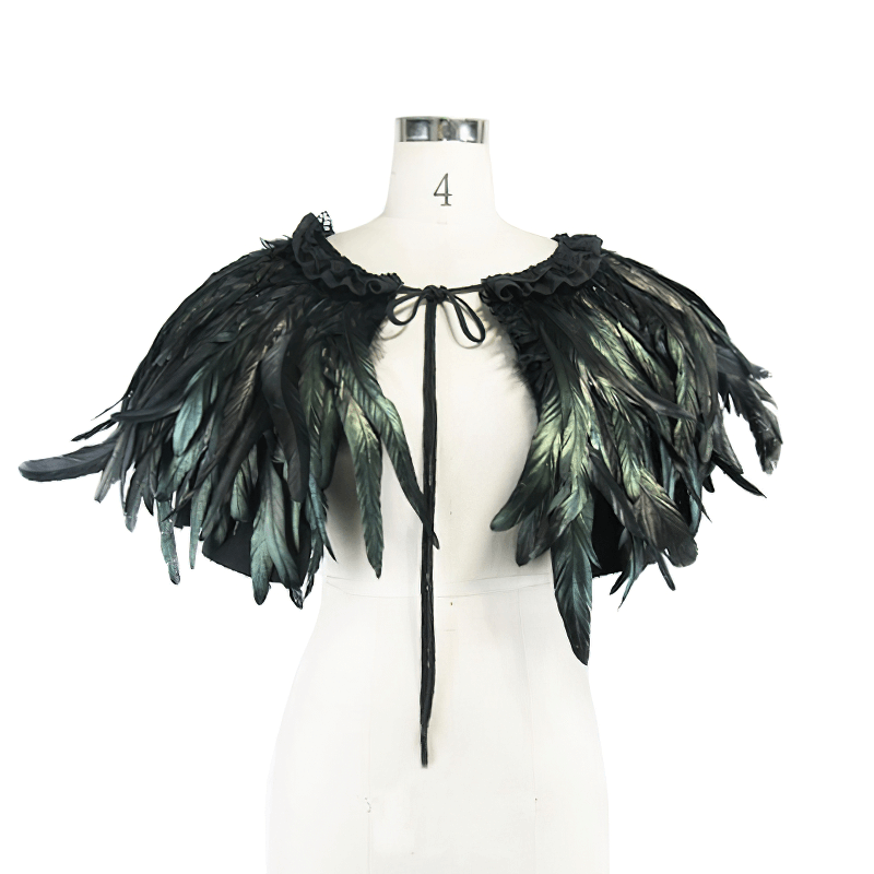 Gothic crow feather shoulder accessory in steampunk style on mannequin, unisex drawstring cape with dramatic cut.