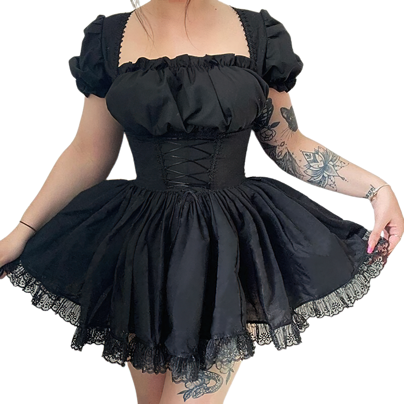 Gothic Cute Sexy Mini Dress For Women / Female Fashion Lace Clothing Of Puff Sleeves - HARD'N'HEAVY