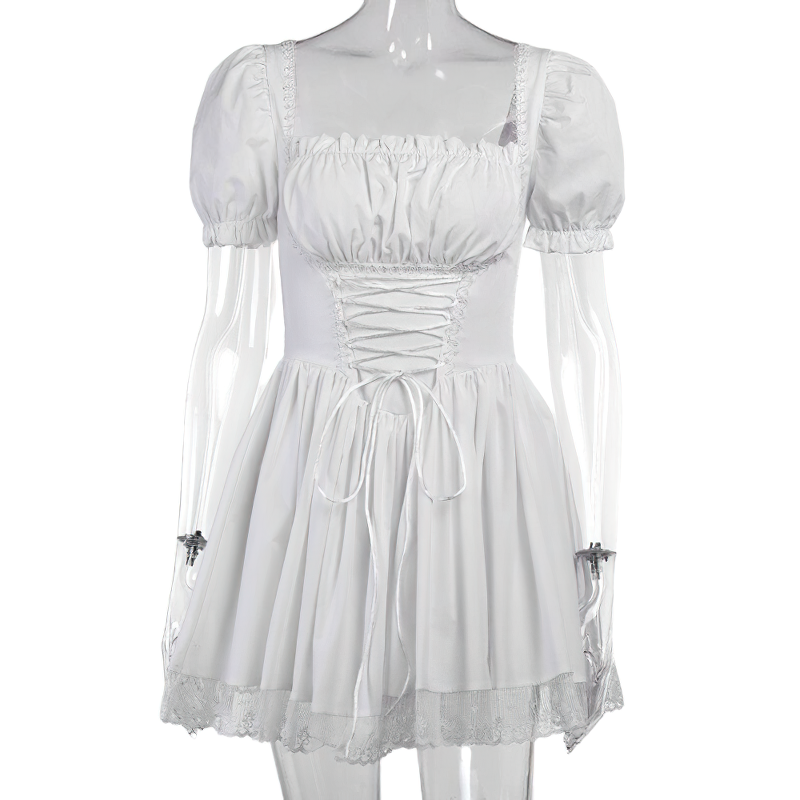 White lace mini dress with puff sleeves, featuring a seductive gothic design perfect for stylish women.