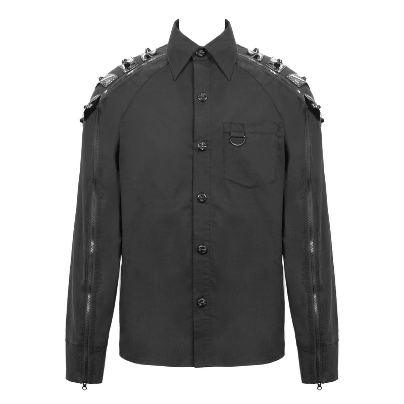 Gothic Cyberpunk Rivets Shirt / Black Shirt with Zip-through on Sleeves - HARD'N'HEAVY