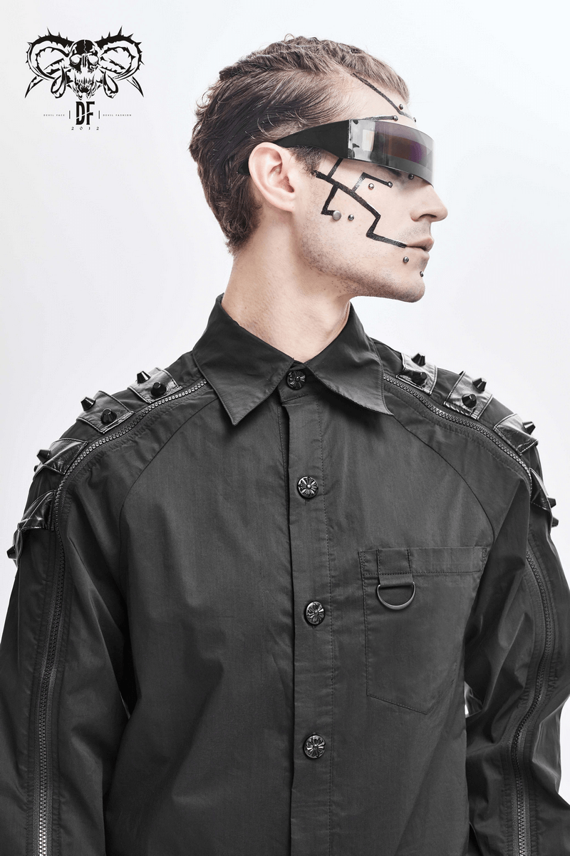 Gothic Cyberpunk Rivets Shirt / Black Shirt with Zip-through on Sleeves - HARD'N'HEAVY