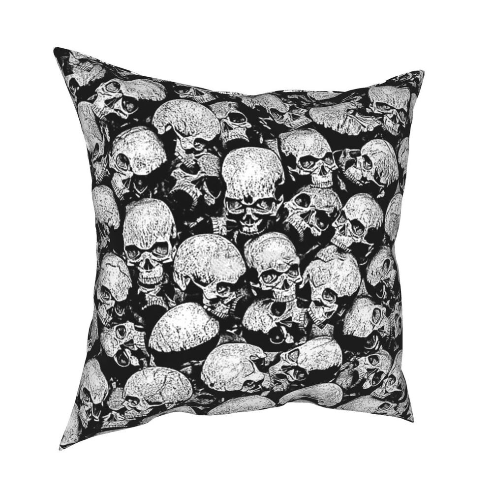 Gothic decorative pillow cover featuring a striking print of skulls on a black background, perfect for edgy home decor.