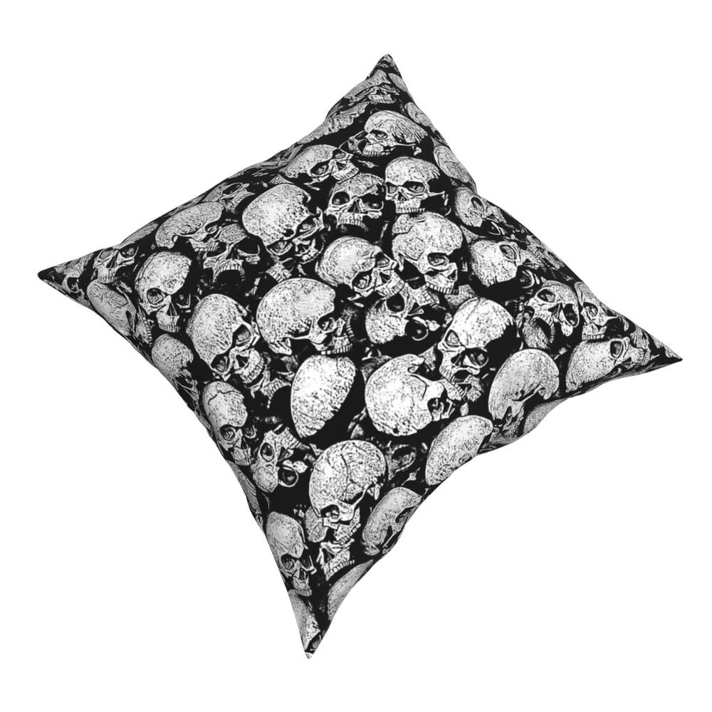 Gothic decorative pillow cover with skull print, stylish cushion for home decor in black and white.