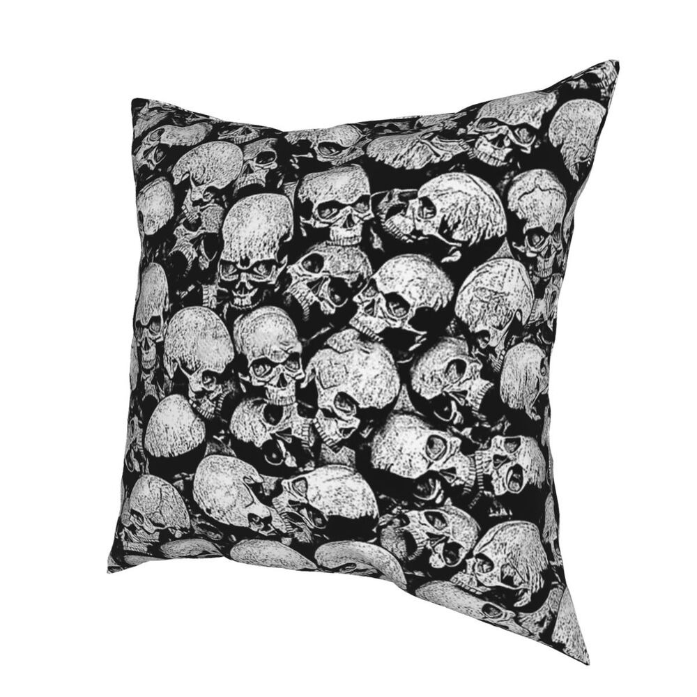 Gothic decorative pillow cover with skull print on a black background, perfect for adding a unique touch to your home decor.