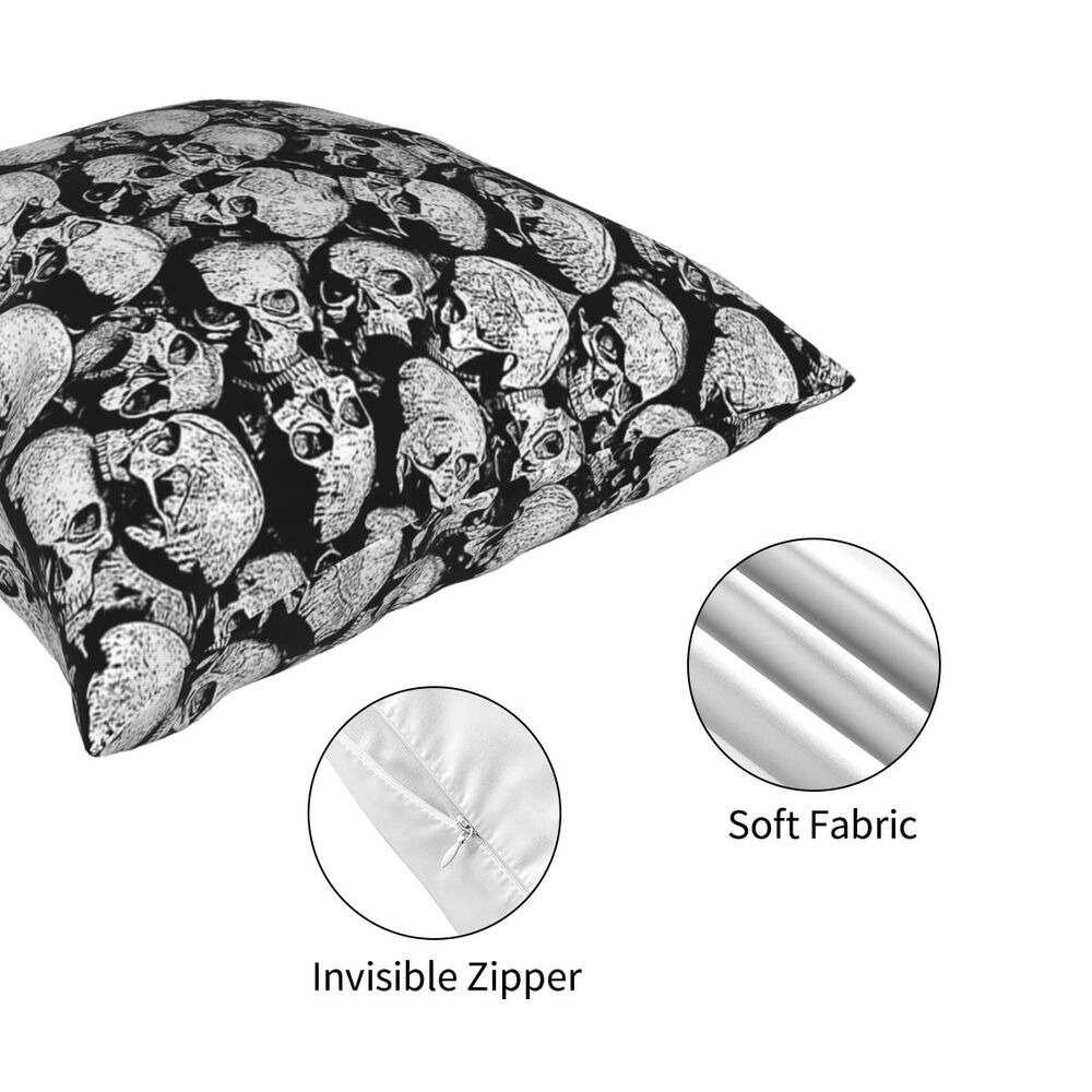 Gothic decorative pillow cover featuring skull print, soft fabric, and invisible zipper for stylish home decor.