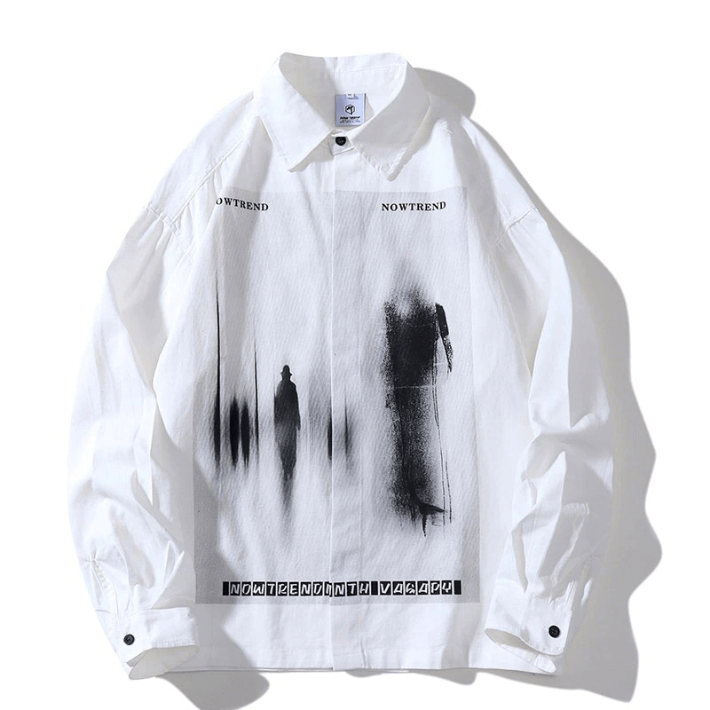 Trendy white oversized shirt featuring a gothic print of shadowy figures and modern graphic design.
