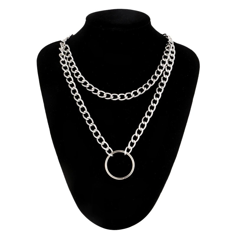 Gothic double layer chain necklace with circle pendant, perfect for alternative and punk styles, made of quality zinc alloy.