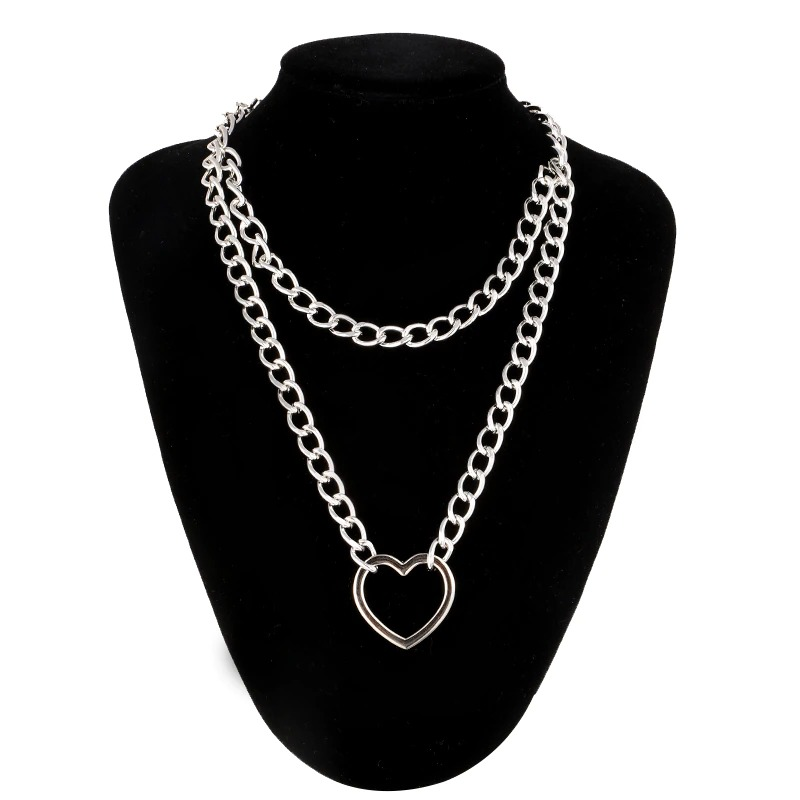 Gothic double layer chain necklace with heart pendant, perfect choker for alternative and punk outfits.