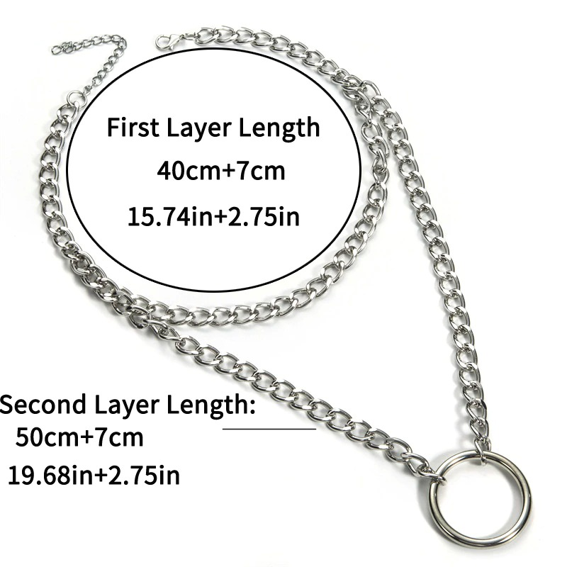 Gothic double layer chain necklace dimensions showing lengths for first and second layers with circle detail.