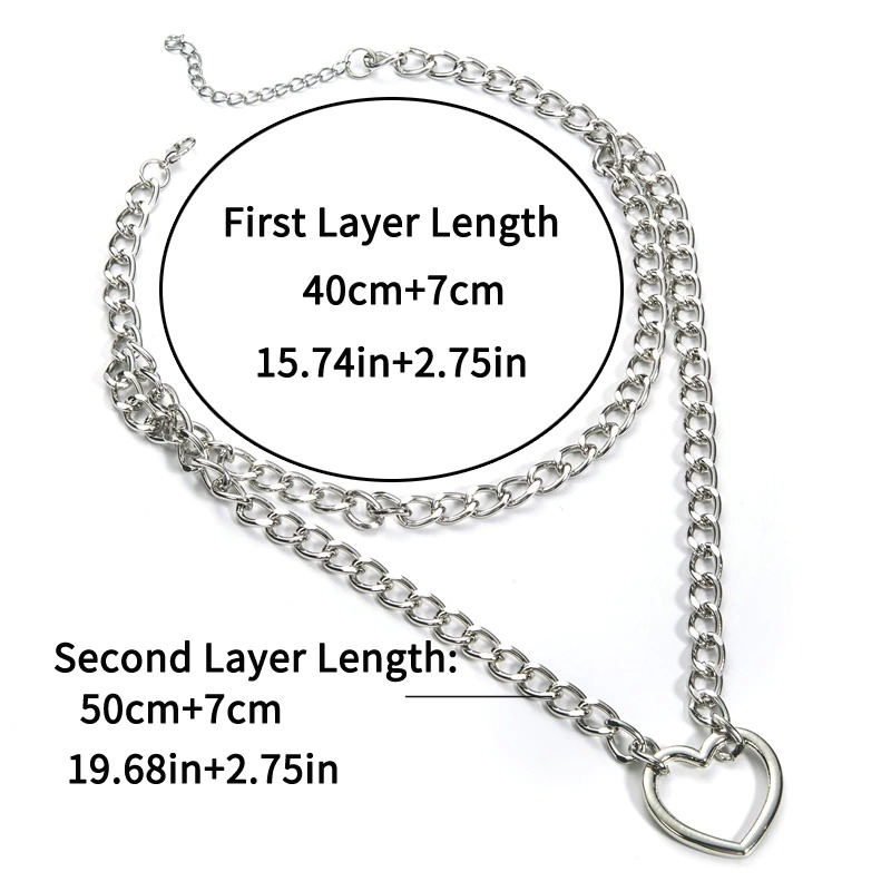 Gothic double layer chain necklace for women, showcasing heart pendant and length measurements.