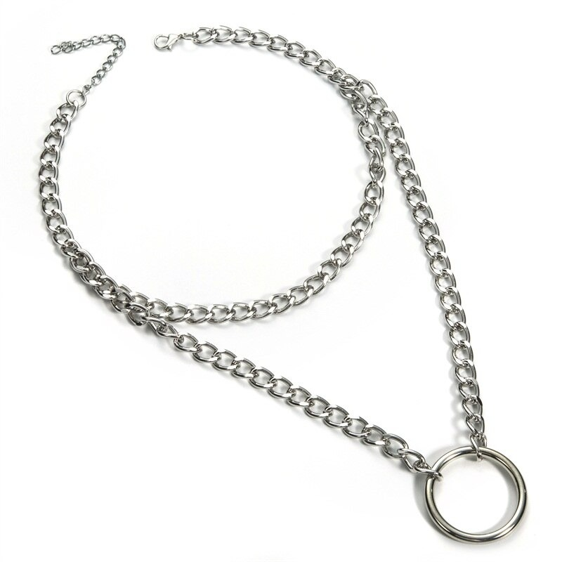 Gothic double layer chain necklace with circle pendant, perfect for a punk or alternative outfit.