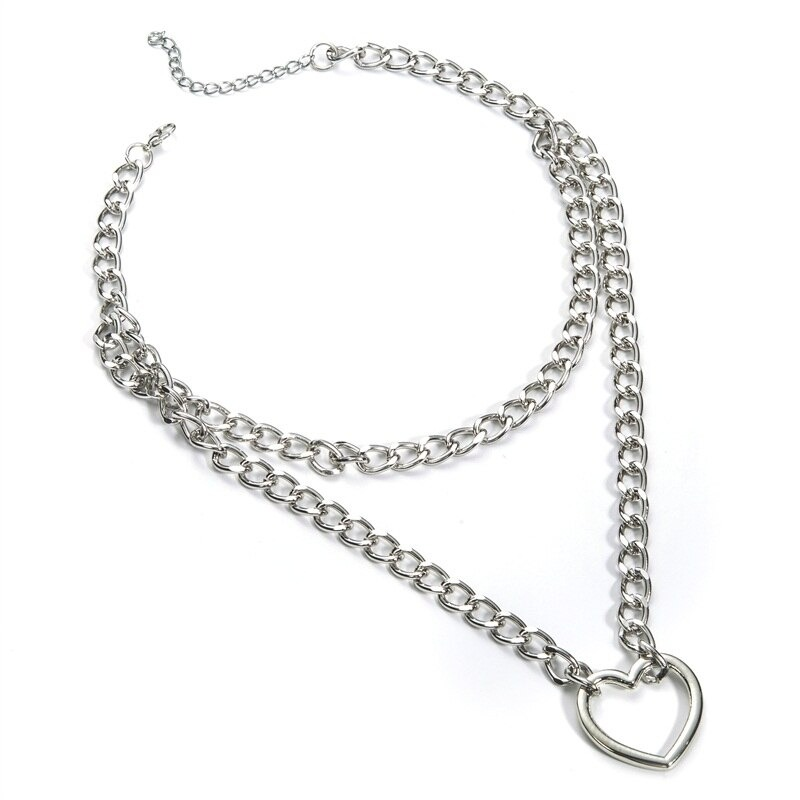 Gothic double layer chain necklace with heart pendant for women, perfect for alternative and punk outfits.