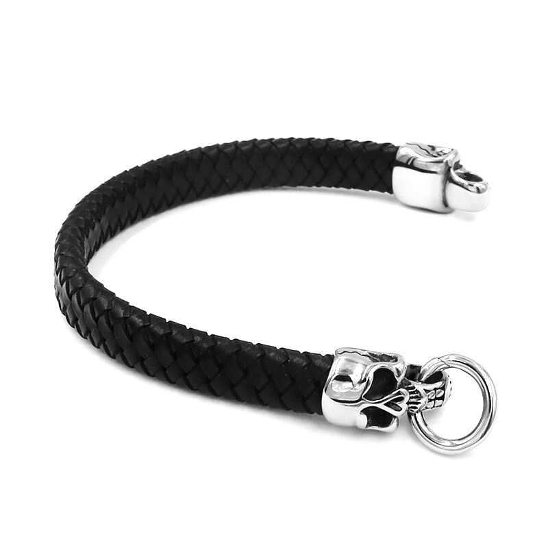 Gothic double skull leather bracelet with braided black design and stainless steel skull lock, perfect for biker style.
