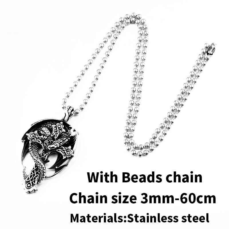 Unisex stainless steel dragon pendant on a beaded chain, showcasing gothic style and intricate design.