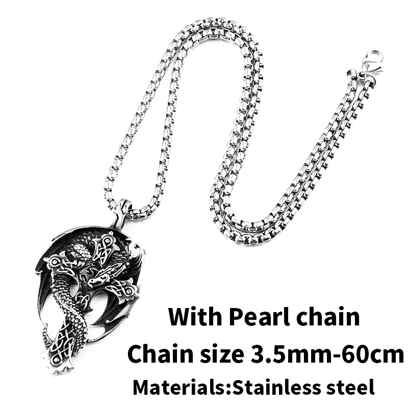 Gothic dragon pendant on a stainless steel chain with pearl accents, stylish unisex necklace for fashion lovers.