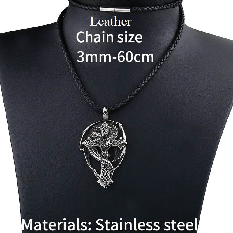 Stylish unisex gothic dragon on cross stainless steel pendant on leather chain, perfect for trendy accessory lovers.