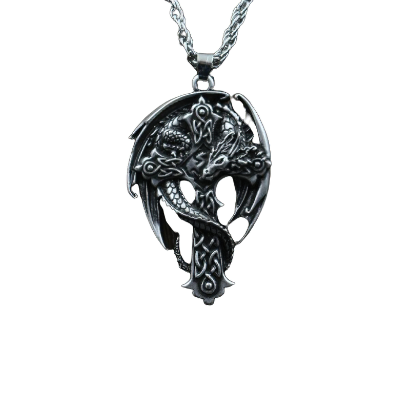 Gothic stainless steel dragon on cross pendant necklace, unisex stylish accessory for trendy fashion lovers.