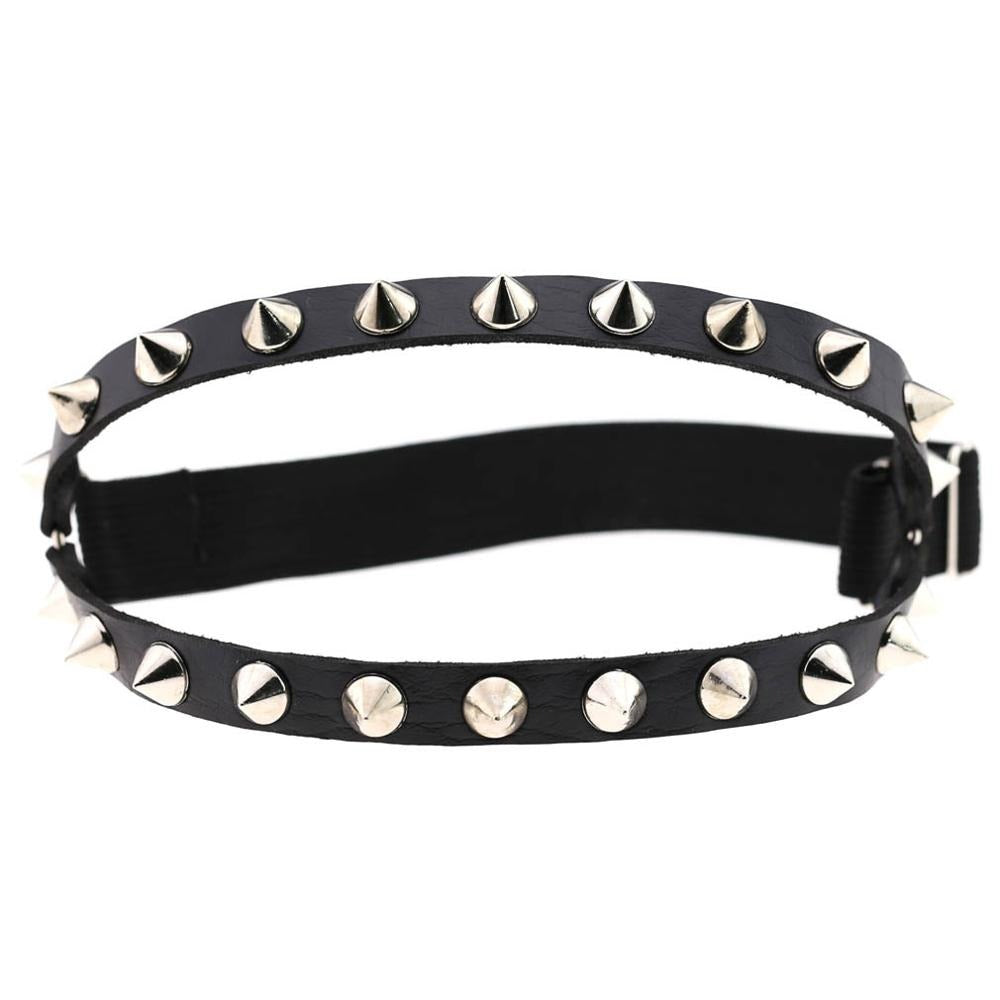 Gothic elastic garter belt for knees with silver spikes, perfect for cosplay and edgy fashion in black color.