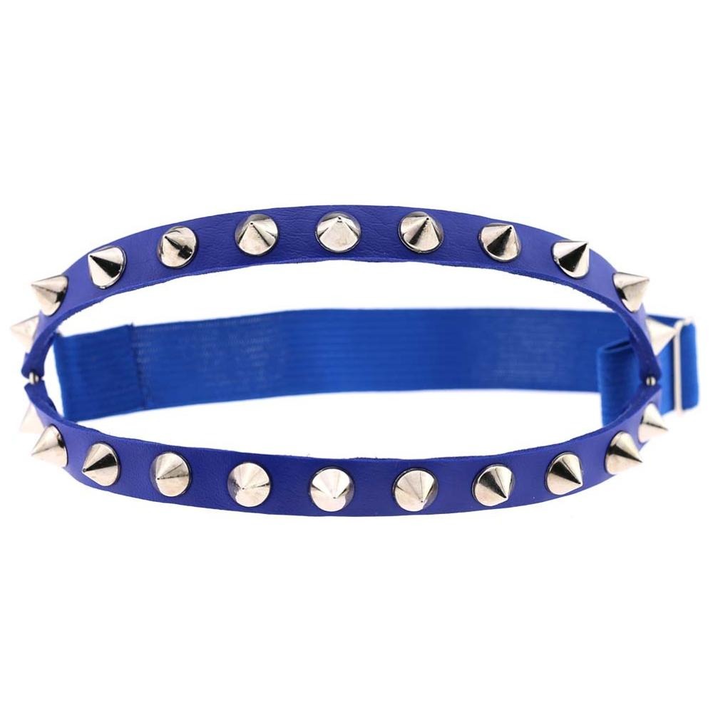 Gothic blue elastic garter belt with silver spikes, perfect for cosplay and stylish knee high stocking accessory.