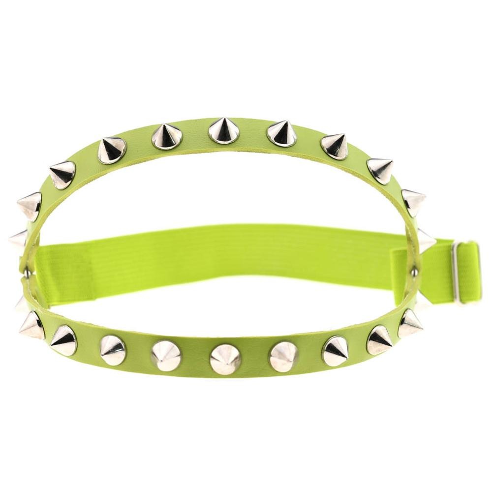 Gothic elastic knee garter belt in neon green with silver spikes, perfect for cosplay and fashion statements.
