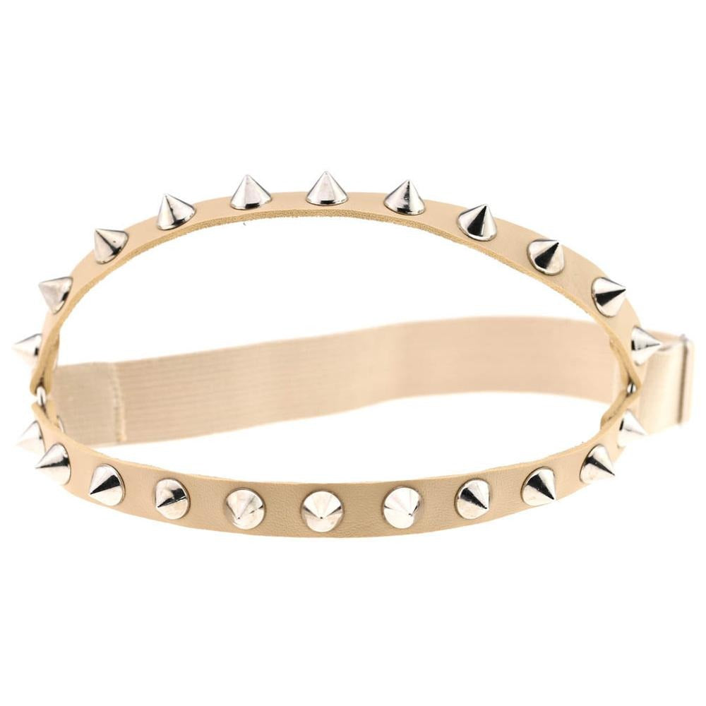 Gothic elastic garter belt with silver spikes for cosplay, stylish knee accessory in various colors.